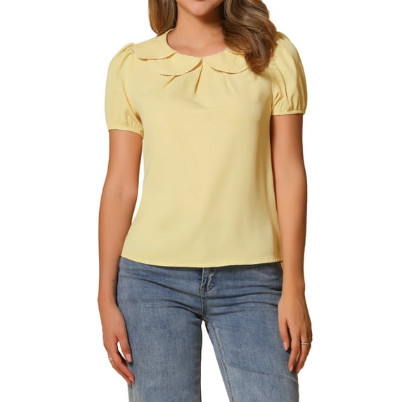INSPIRE CHIC Women's Retro Puff Sleeve Summer Casual Peter Pan Collar Blouse Top S Light Yellow
