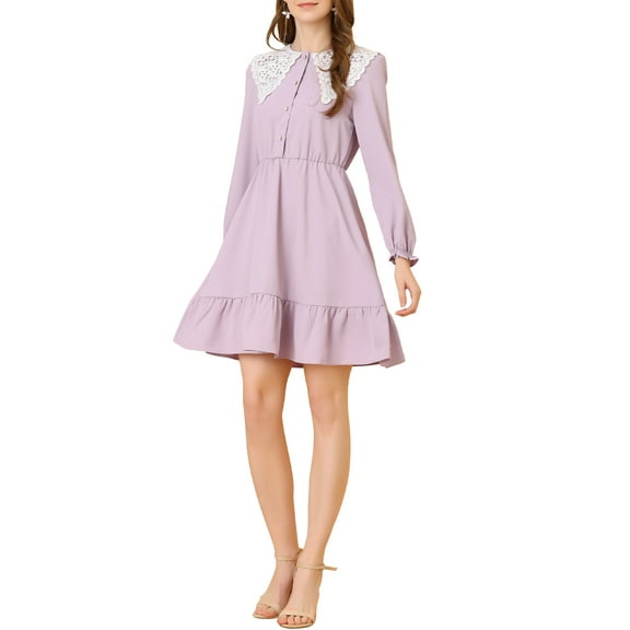 INSPIRE CHIC Women's Retro Ruffle Hem Dresses A-Line Lace Panel Peter Pan Collar Dress S Pink