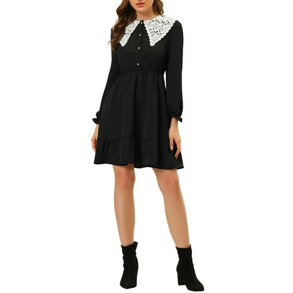 INSPIRE CHIC Women's Retro Ruffle Hem Dresses A-Line Lace Panel Peter Pan Collar Dress L Black
