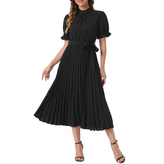 INSPIRE CHIC Women's Retro Ruffled Collar Short Sleeve A-Line Pleated Dress L Black