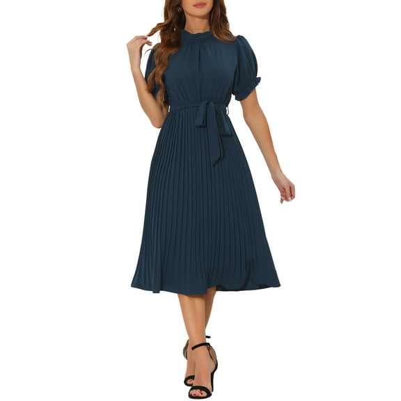 INSPIRE CHIC Women's Retro Ruffled Collar Short Sleeve A-Line Pleated Dress XL Dark Blue