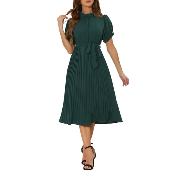 INSPIRE CHIC Women's Retro Ruffled Collar Short Sleeve A-Line Pleated Dress XL Dark Green