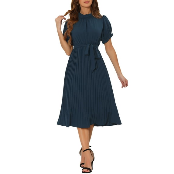 INSPIRE CHIC Women's Retro Ruffled Collar Short Sleeve A-Line Pleated Dress XS Dark Blue