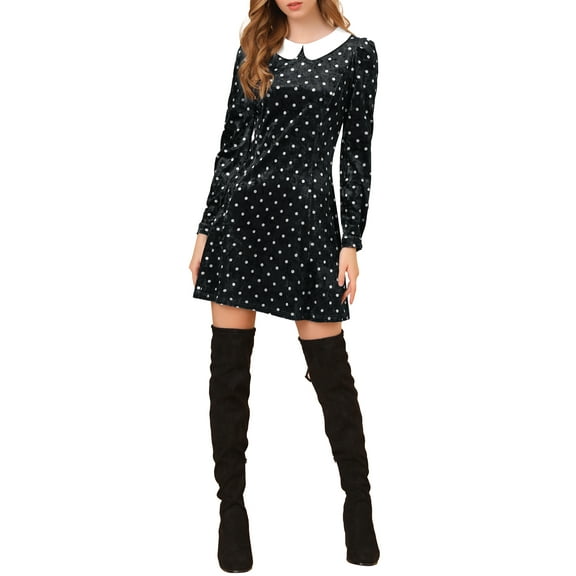INSPIRE CHIC Women's Retro Velvet Peter Pan Collar A-Line Polka Dots Dress Black M