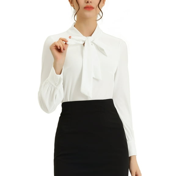 INSPIRE CHIC Women's Retro Velvet Tie Neck Long Sleeve Casual Work Blouse Top XL White