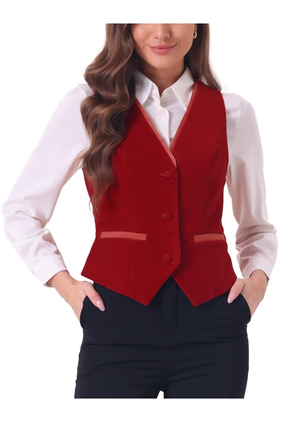 Velvet Suit Waistcoat for Women's Retro Sleeveless Steampunk Blazer Dressy Vest S Red