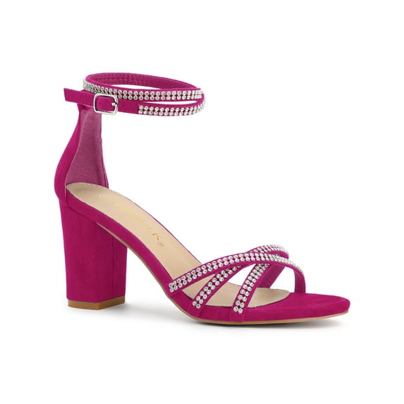 BLISSFUL STEP Women's Shoes Rhinestone Crisscross Strappy Block Heel Faux Suede Ankle Buckle Sandals Hot Pink 6