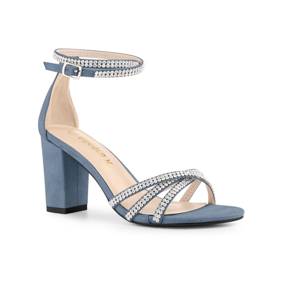 BLISSFUL STEP Women's Shoes Rhinestone Crisscross Strappy Block Heel Faux Suede Ankle Buckle Sandals Haze Blue 11