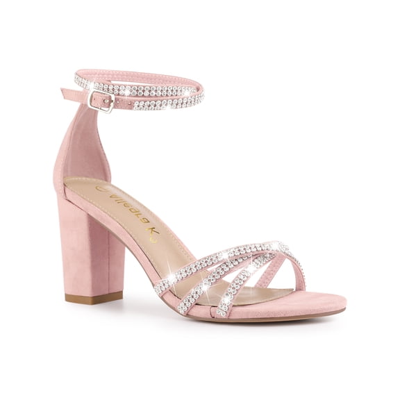 BLISSFUL STEP Women's Shoes Rhinestone Crisscross Strappy Block Heel Faux Suede Ankle Buckle Sandals Pink 10