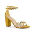thumbnail image 1 of BLISSFUL STEP Women's Shoes Rhinestone Crisscross Strappy Block Heel Faux Suede Ankle Buckle Sandals Yellow 6, 1 of 7
