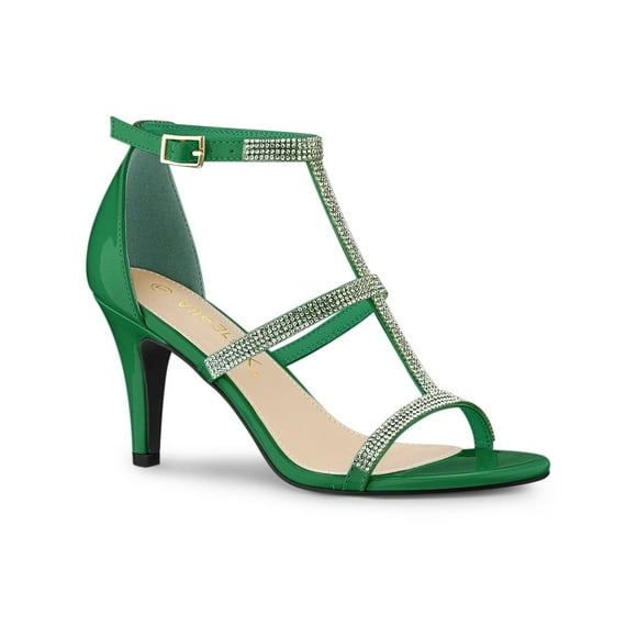 BLISSFUL STEP Women's Rhinestone Ankle Strap Stiletto High Heel Sandals Green (Size 7)