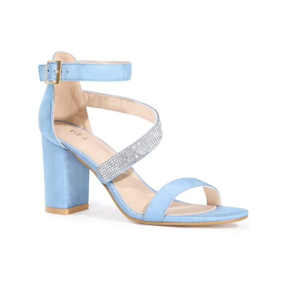 BLISSFUL STEP Women's Shoes Rhinestones Chunky Heel Faux Suede Open Toe Ankle Strap Buckle Sandals Sky Blue 8