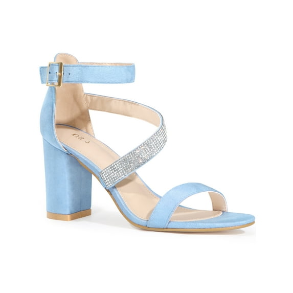 BLISSFUL STEP Inspired Women's Shoes Rhinestones Chunky Heel Faux Suede Open Toe Ankle Strap Buckle Sandals Sky Blue 9.5