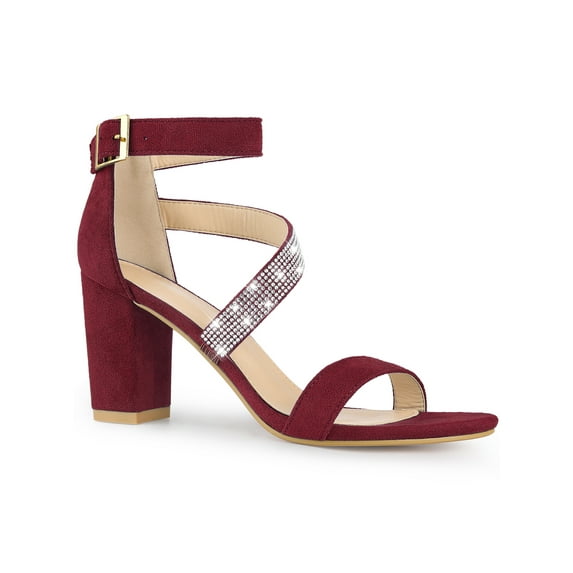 BLISSFUL STEP Women's Shoes Rhinestones Chunky Heel Faux Suede Open Toe Ankle Strap Buckle Sandals Burgundy 8.5