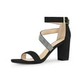 thumbnail image 1 of BLISSFUL STEP Women's Shoes Rhinestones Chunky Heel Faux Suede Open Toe Ankle Strap Buckle Sandals Black 6.5, 1 of 8