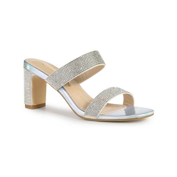 BLISSFUL STEP Women's Shoes Rhinestone Chunky Heel Square Toe Slide Sandals Silver 7