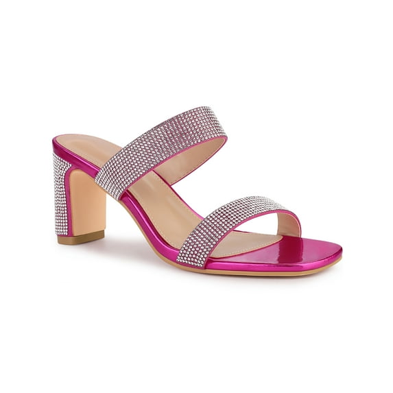 BLISSFUL STEP Women's Shoes Rhinestone Chunky Heel Square Toe Slide Sandals Hot Pink 7.5