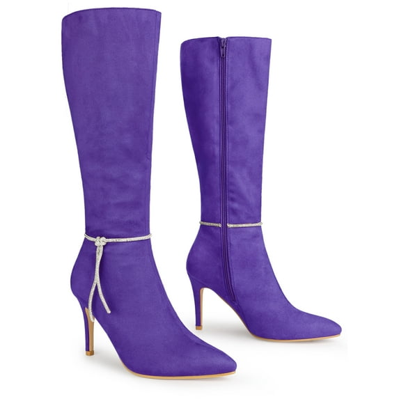 BLISSFUL STEP Women's Boots Rhinestone Knee High Boots Pointed Toe Stiletto Faux Suede Boots Dark Purple 9