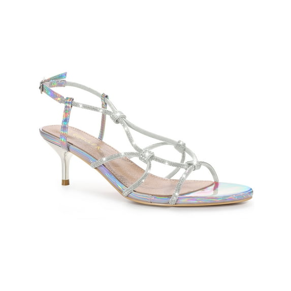 BLISSFUL STEP Women's Shoes Rhinestone Strap Slingback Kitten Heel Sandals Silver 5.5