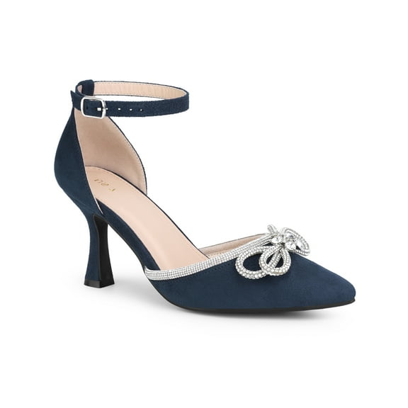 BLISSFUL STEP Women's Rhiness Bow Ankle Strap Stiletto Heel Pumps Navy Blue 9