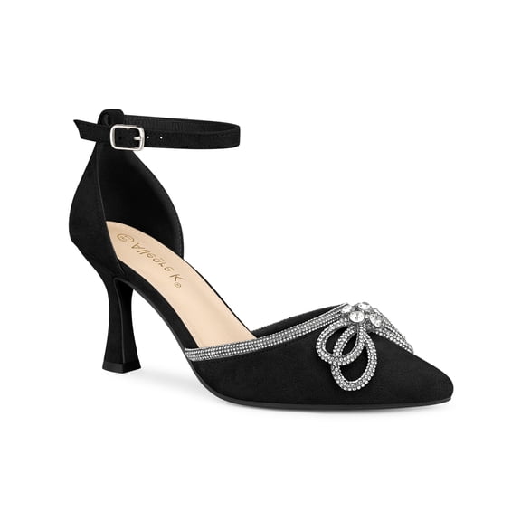 BLISSFUL STEP Women's Rhiness Bow Ankle Strap Stiletto Heel Pumps Black 8.5