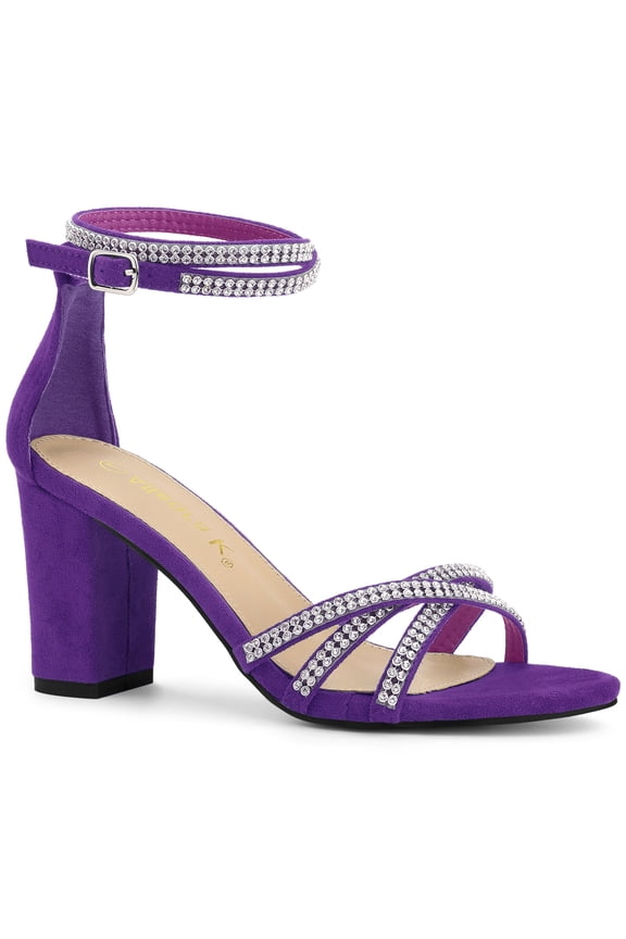 Women's Shoes Rhinestone Crisscross Strappy Block Heel Faux Suede Ankle Buckle Sandals Purple 7