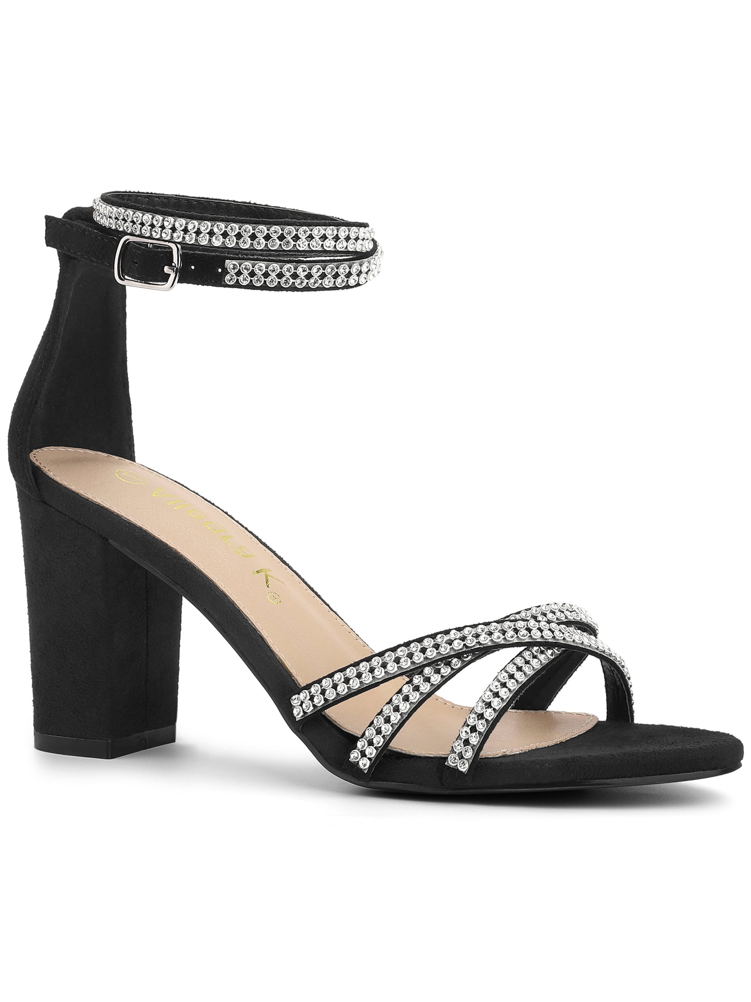 Allegra K Women's Rhinestone Ankle Strap Chunky Heels Sandals