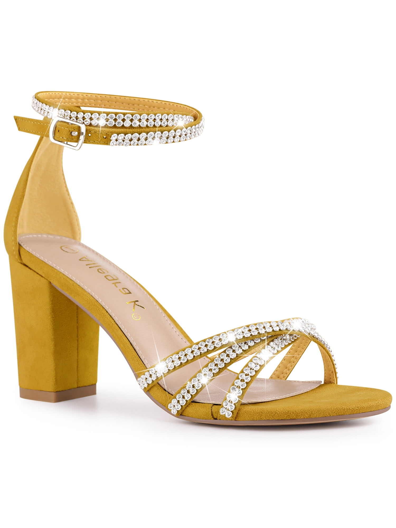 Allegra K Women's Rhinestone Ankle Strap Chunky Heels Sandals