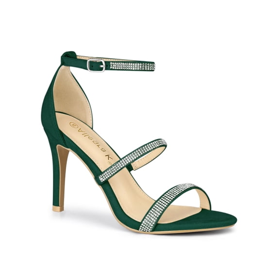 BLISSFUL STEP Women's Rhinestone Ankle Strap Stiletto High Heels Sandals Green (Size 9)