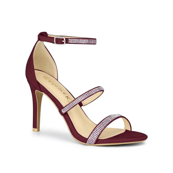 BLISSFUL STEP Women's Shoes Rhinestone Stiletto Heel Ankle Strap Sandals Burgundy 8