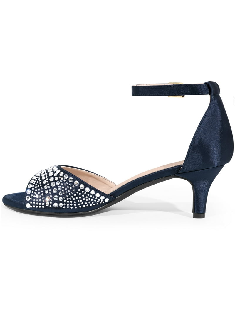 Blissful Step Women's Rhinestone Ankle Strap Kitten Heel Satin Sandals Dark Blue 6, Purple, image size:800x1067