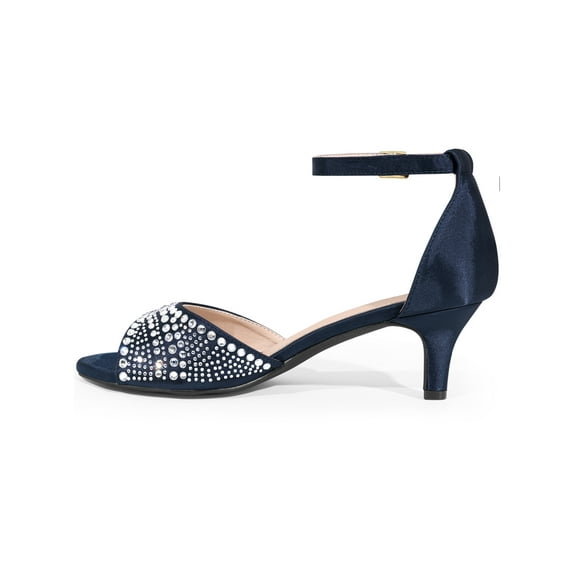 BLISSFUL STEP Women's Rhinestone Ankle Strap Kitten Heel Satin Sandals Dark Blue 8