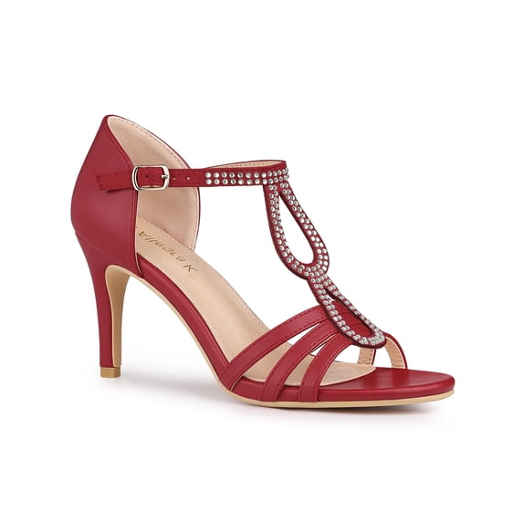 BLISSFUL STEP Women's Rhinestone Ankle Strap Open Toe Stiletto Heels Sandals