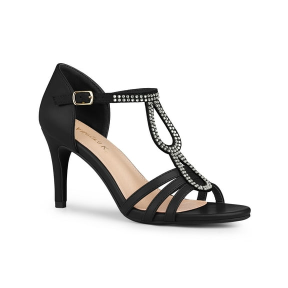 BLISSFUL STEP Women's Rhinestone Ankle Strap Open Toe Stiletto Heels Sandals