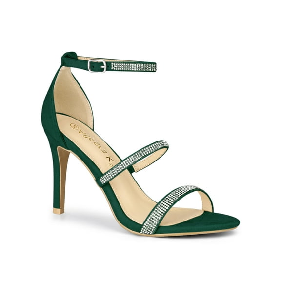 BLISSFUL STEP Women's Rhinestone Ankle Strap Stiletto High Heels Sandals Green (Size 6)