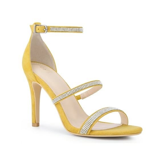 BLISSFUL STEP Women's Rhinestone Ankle Strap Stiletto High Heels Sandals Yellow (Size 6)