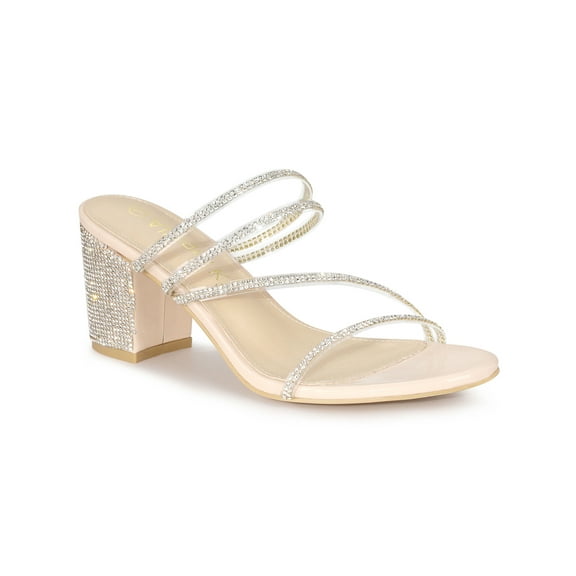 BLISSFUL STEP Women Rhines Block Heel Slide Sandals Beige 5