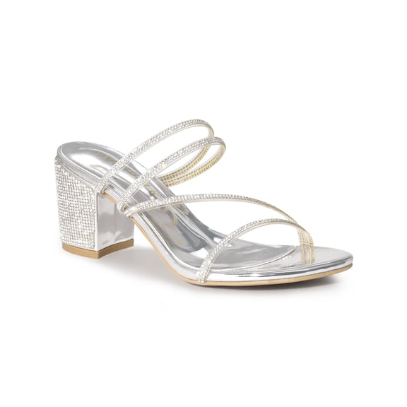 BLISSFUL STEP Women Rhines Block Heel Slide Sandals Silver 9