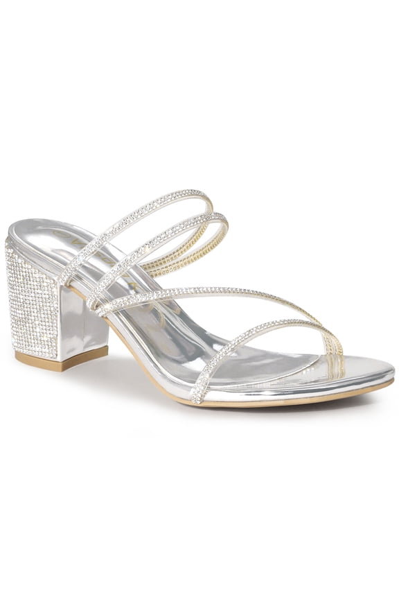 Women Rhines Block Heel Slide Sandals Silver 9