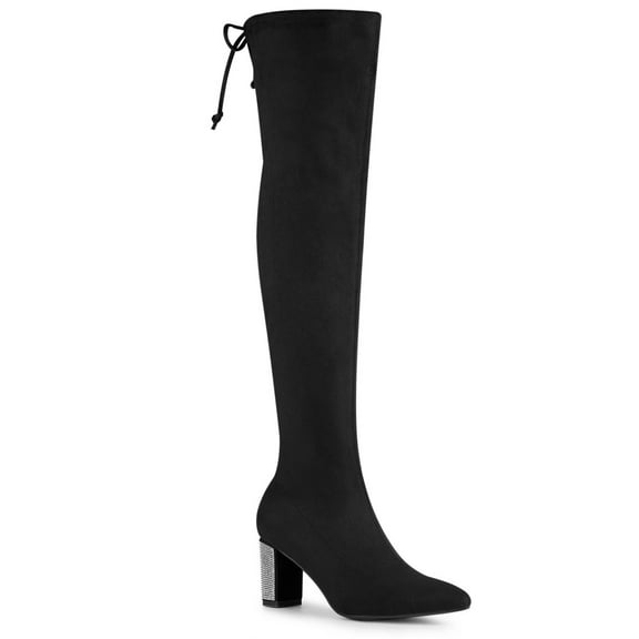 BLISSFUL STEP Women's Boots Faux Suede Over Knee High Chunky Heel Pointed Toe Rhinestone Lace Up Boots Black 9