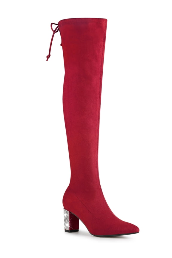 Women's Boots Faux Suede Over Knee High Chunky Heel Pointed Toe Rhinestone Lace Up Boots Red 8