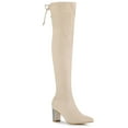 thumbnail image 1 of BLISSFUL STEP Women's Boots Faux Suede Over Knee High Chunky Heel Pointed Toe Rhinestone Lace Up Boots Beige 11, 1 of 7