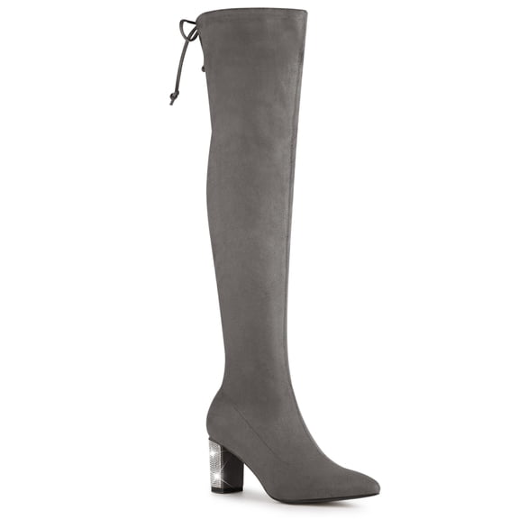 BLISSFUL STEP Women's Boots Faux Suede Over Knee High Chunky Heel Pointed Toe Rhinestone Lace Up Boots Gray 9