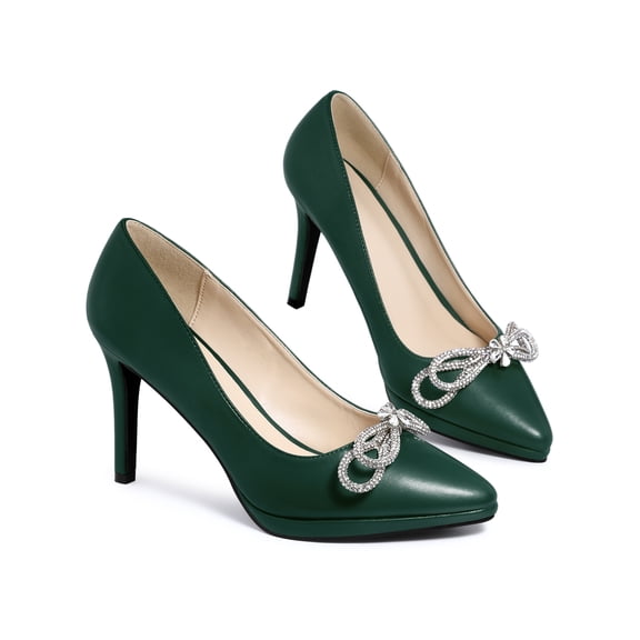 BLISSFUL STEP Women's Rhinestone Crystal Bow Pointy Toe Stiletto Heel Pumps Dark Green 8.5