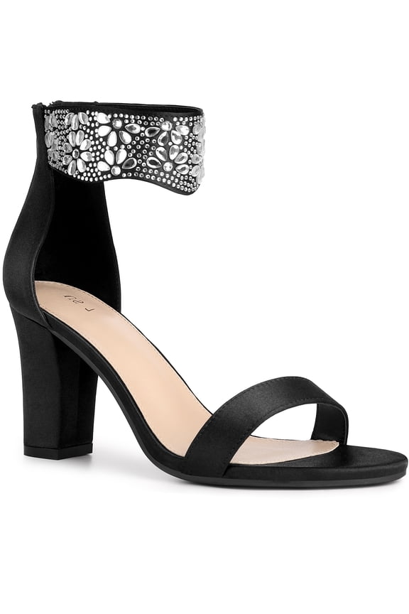Women's Rhinestone Diamond Decor Crystal Ankle Strap Chunky Heel Sandals