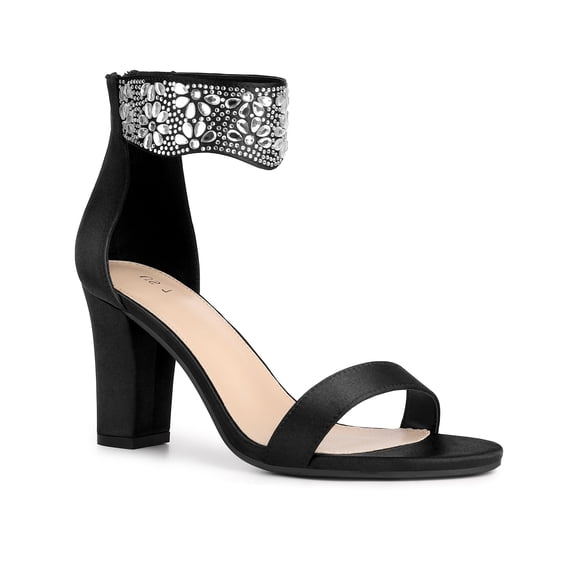 BLISSFUL STEP Women's Rhinestone Diamond Decor Crystal Ankle Strap Chunky Heel Sandals
