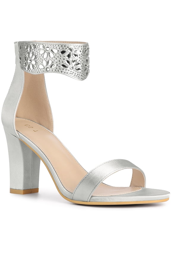 Women's Rhinestone Diamond Decor Crystal Ankle Strap Chunky Heel Sandals