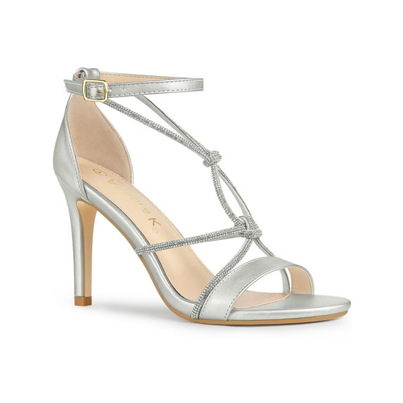 BLISSFUL STEP Women's Rhines Knot Strap Stiletto Heels Sandals Silver 8.5