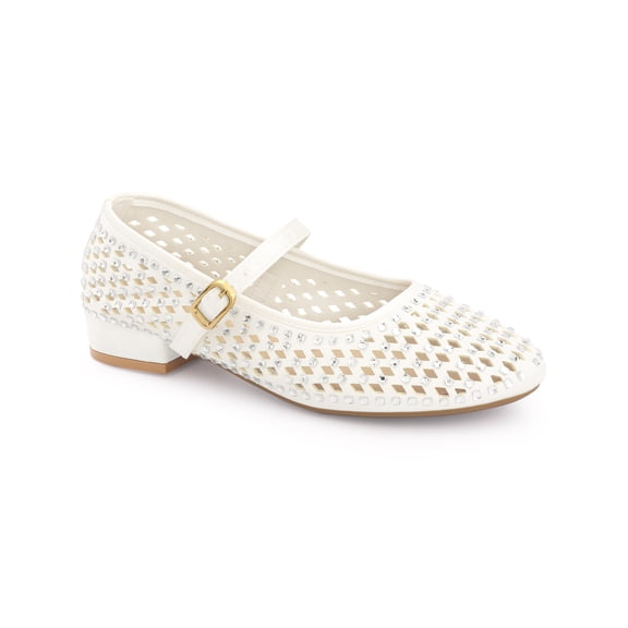 BLISSFUL STEP Women's Rhinestone Round Toe Chunky Heels Pumps Cream (Size 6)