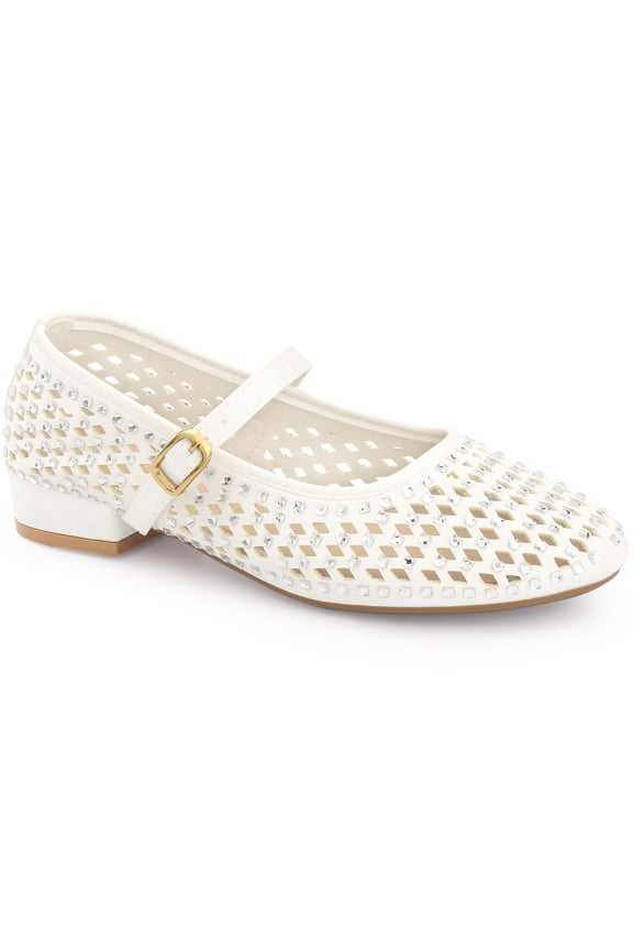 Women's Rhinestone Round Toe Chunky Heels Pumps Cream (Size 6)
